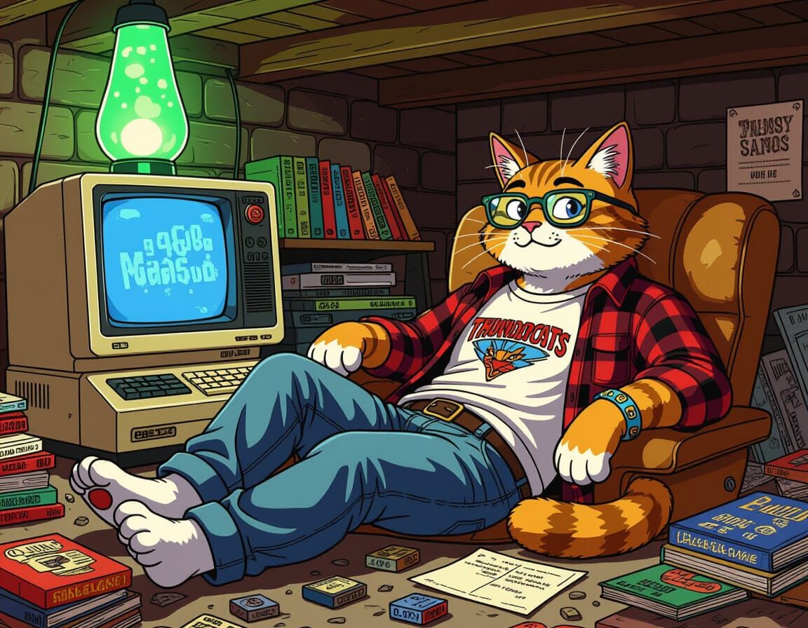 Retro Cat Lounging in Basement, Digital Art