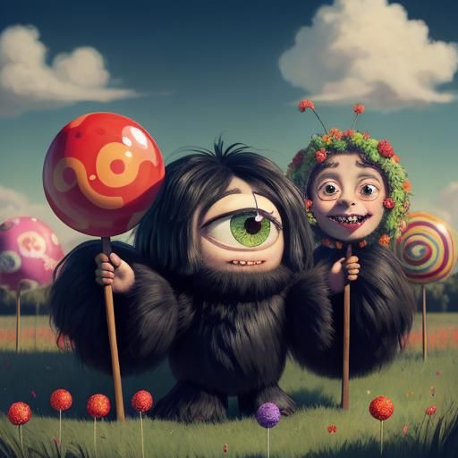 Whimsical Fuzzy Characters with Lollipops in Pixar Style
