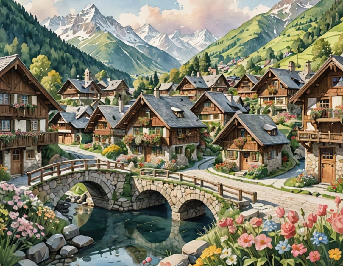 Idyllic Alpine Village Illustration in Watercolor Style