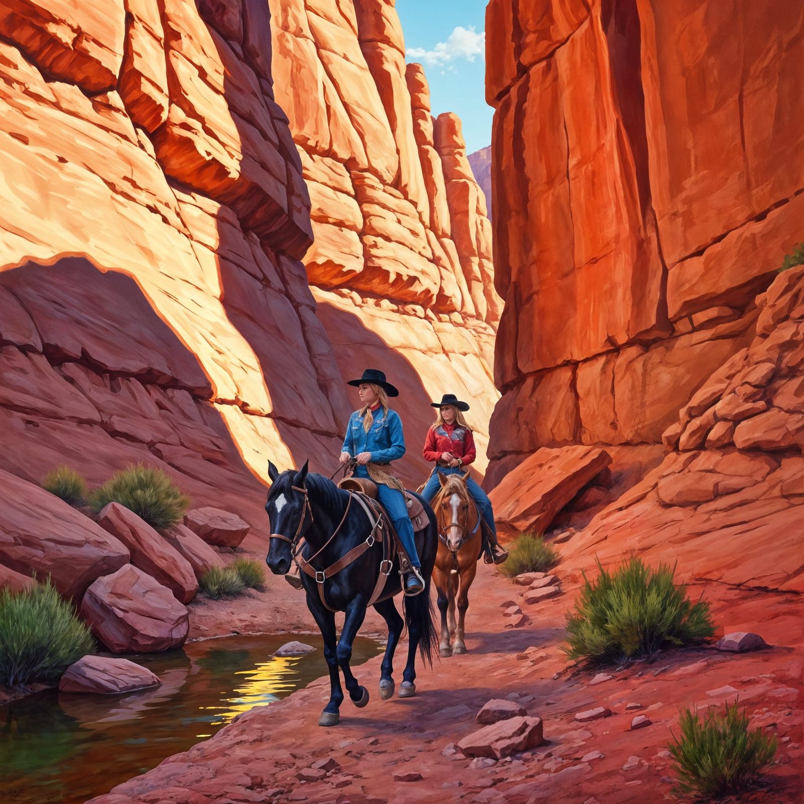 Cowgirls Ride Through Sunlit Red Rock Canyon