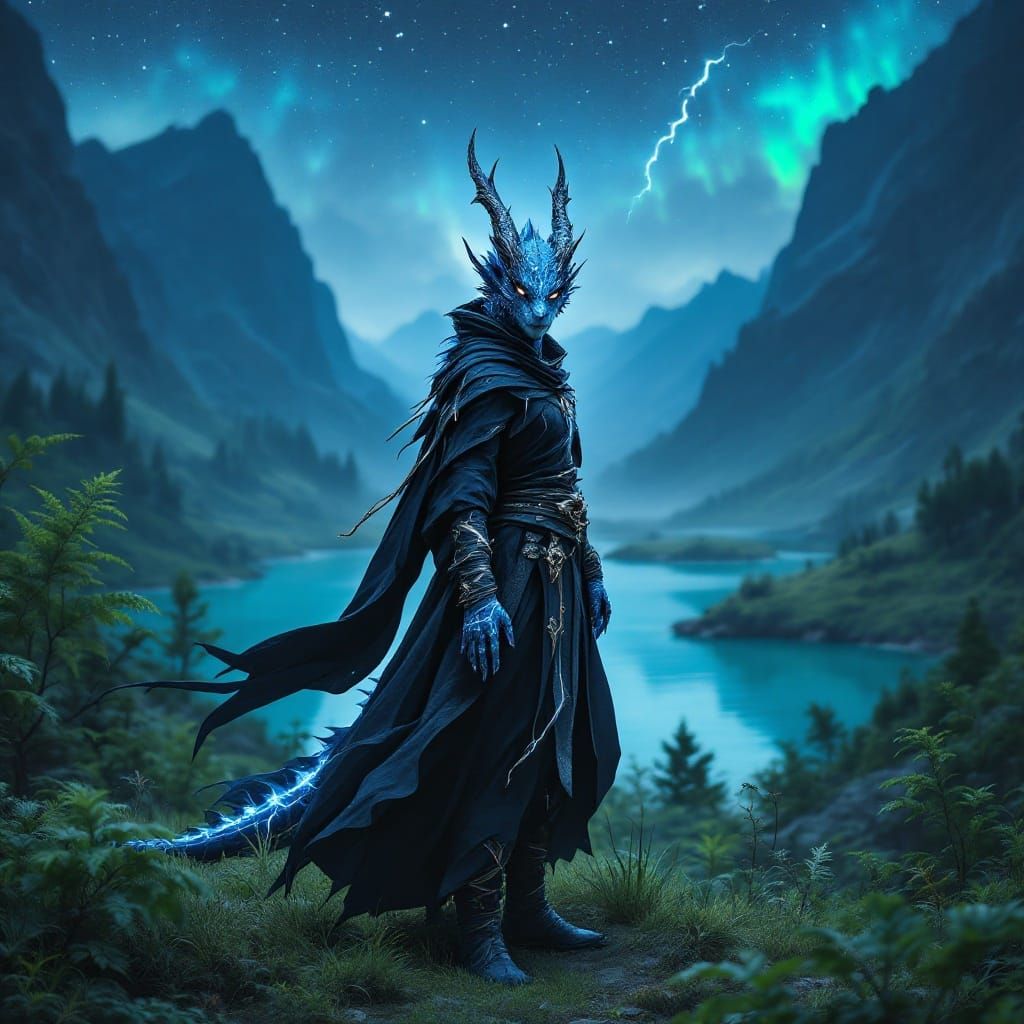 Ethereal Warrior Under Starry Night Sky in Vibrant Fantasy F...