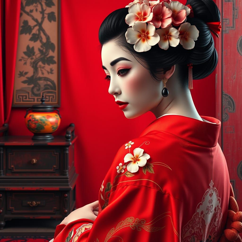 Beautiful Geisha Portrait in Opulent Oriental Setting