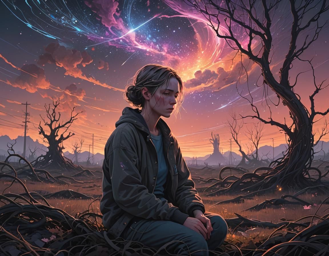 Melancholic Androgynous Figure in Dystopian Dreamscape