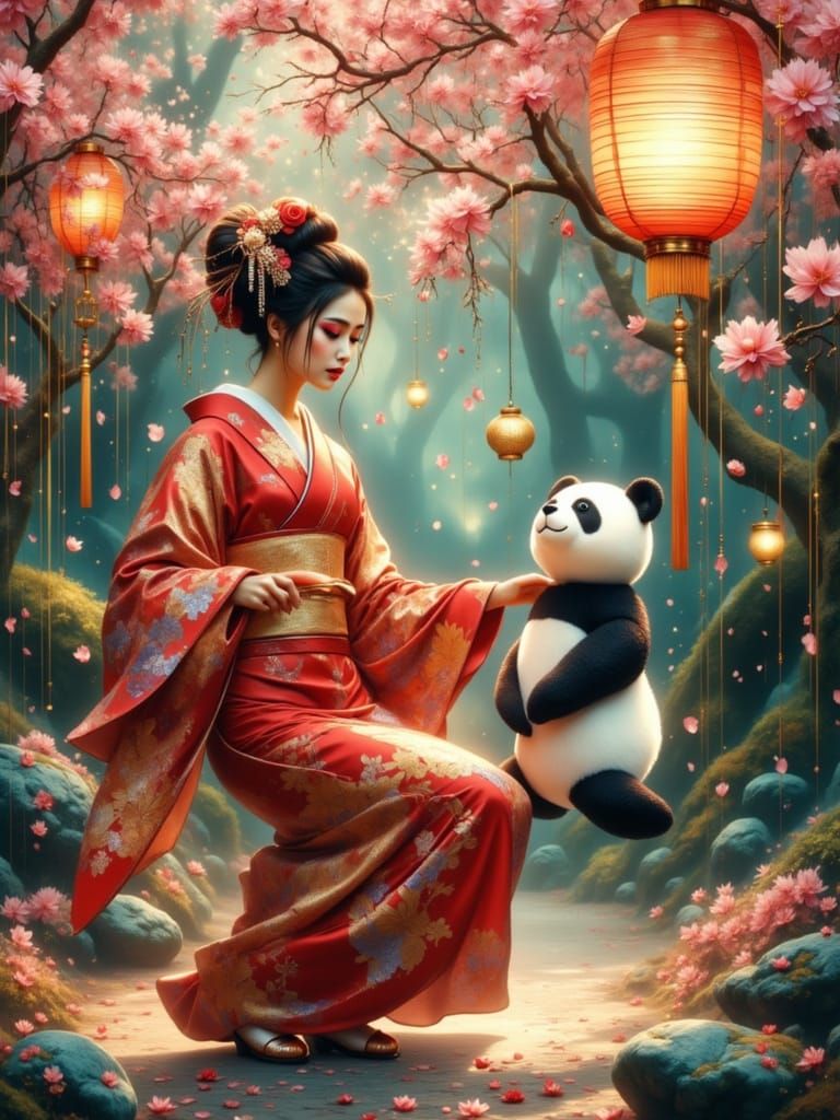 Geisha Dances With Toy Panda in Japanese Garden