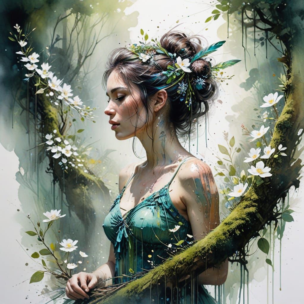 Iridescent Quetzal in Mythical Landscape Watercolor