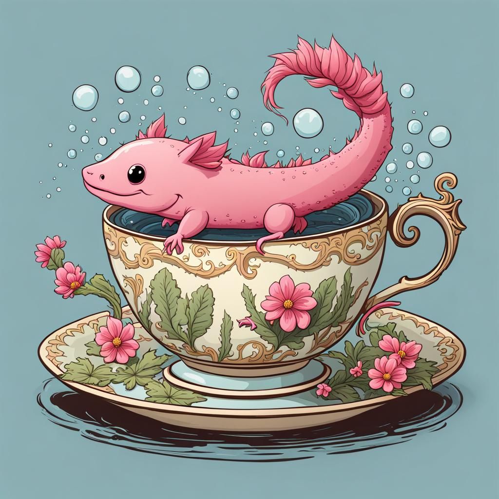 Cartoon Axolotl Swims in Victorian Teacup