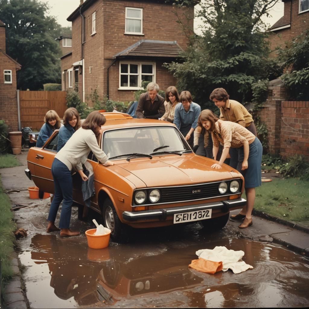 1970s British Family Washing Austin Allegro Car