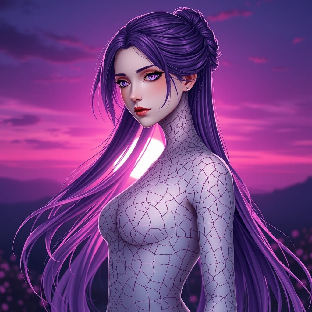 Surreal Fantasy Maiden Amidst Vibrant Purple Sunrise