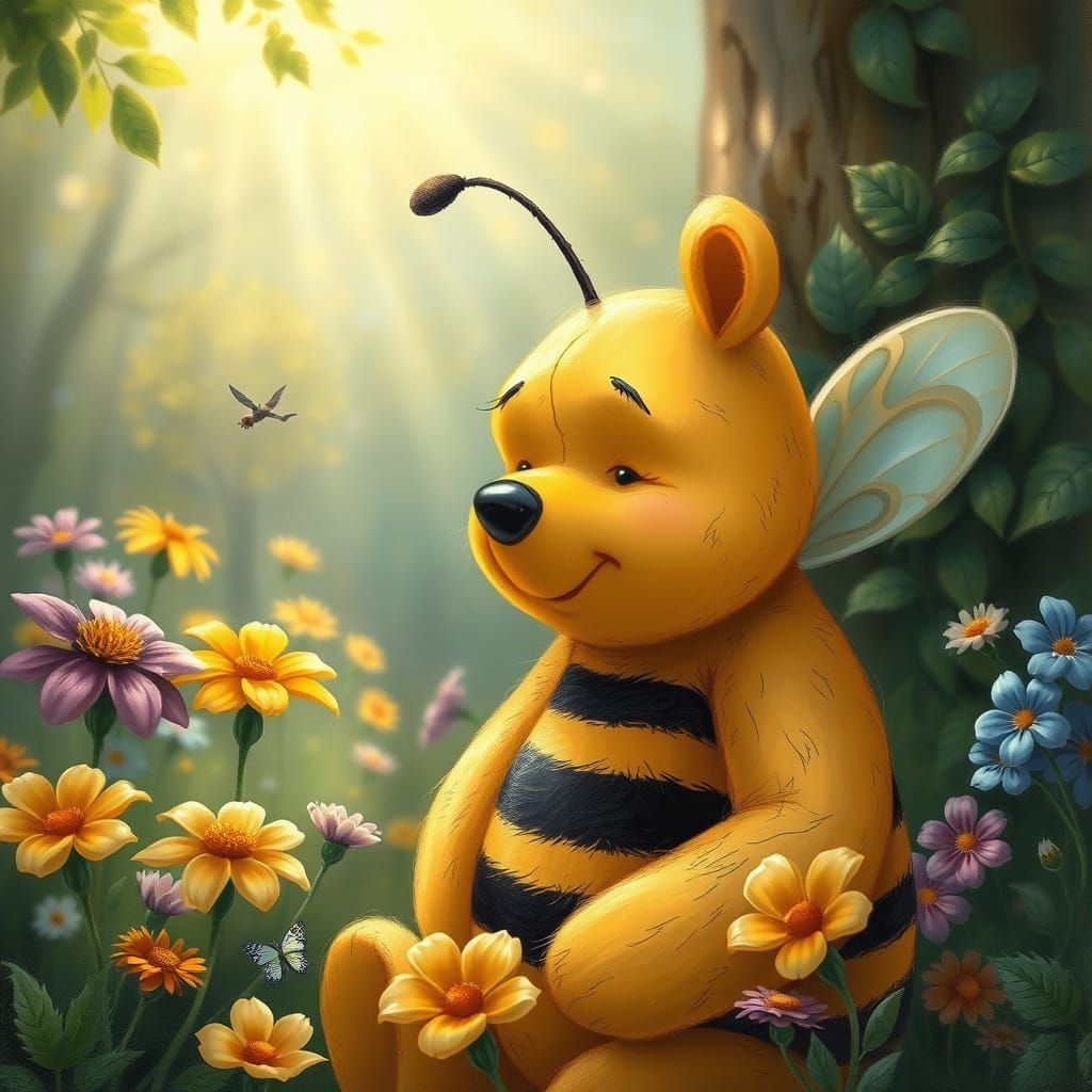 Whimsical Thomas Kinkade-Inspired Winnie the Pooh Scene