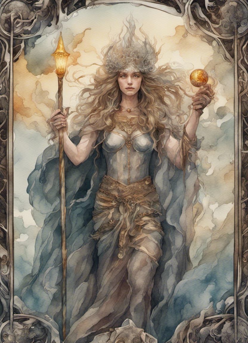 Watercolor Tarot Card Strength: Detailed Digital Painting