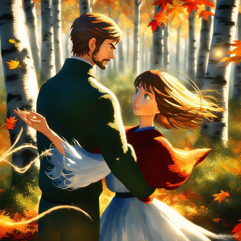 Anime Couple Dancing in Autumn Forest, Ghibli Style