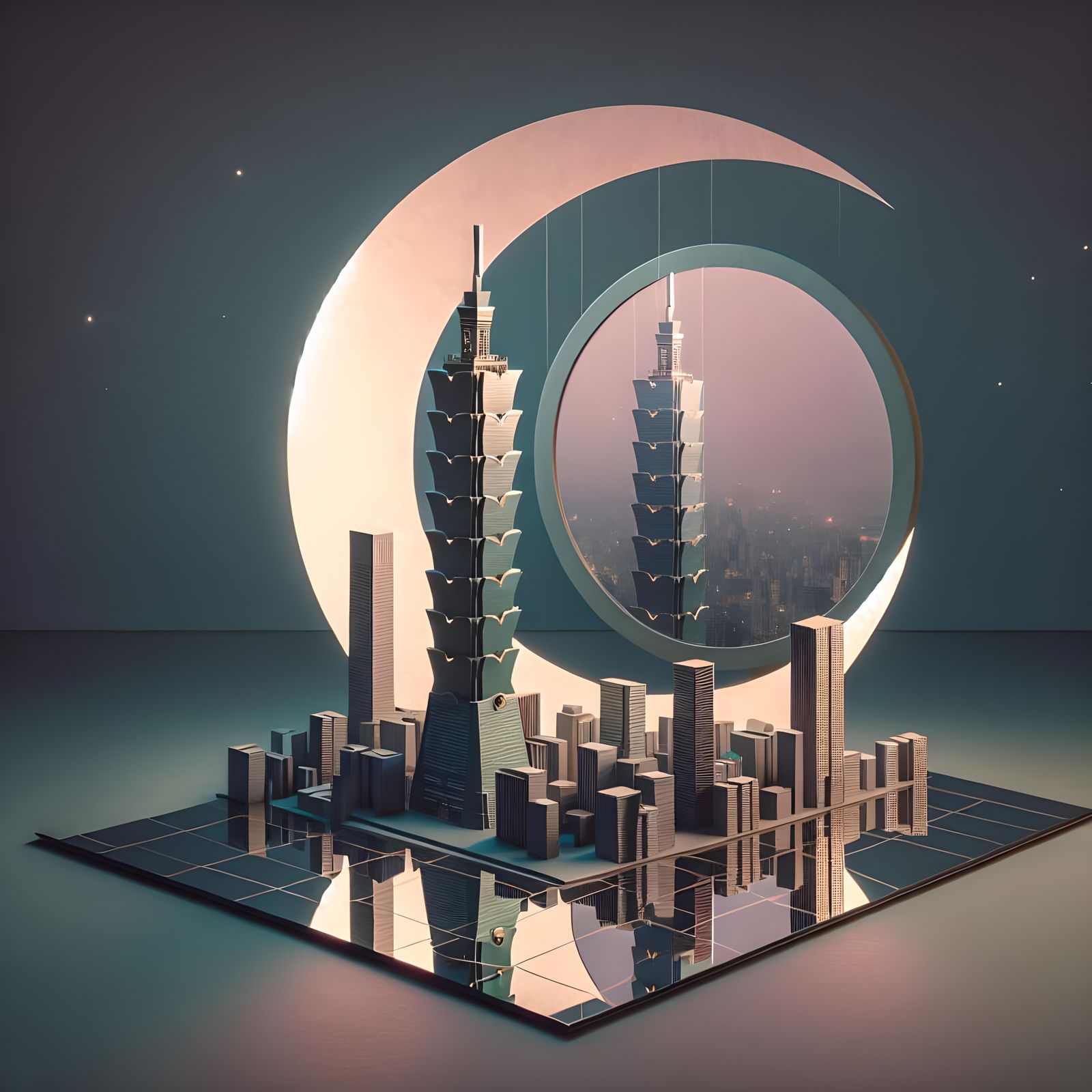 Origami Taipei 101 in Surreal Moonlight Scene