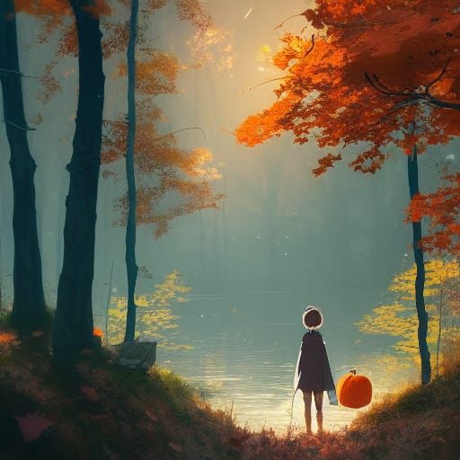 Autumn Forest Trail with Pumpkin Lanterns: Ghibli Style
