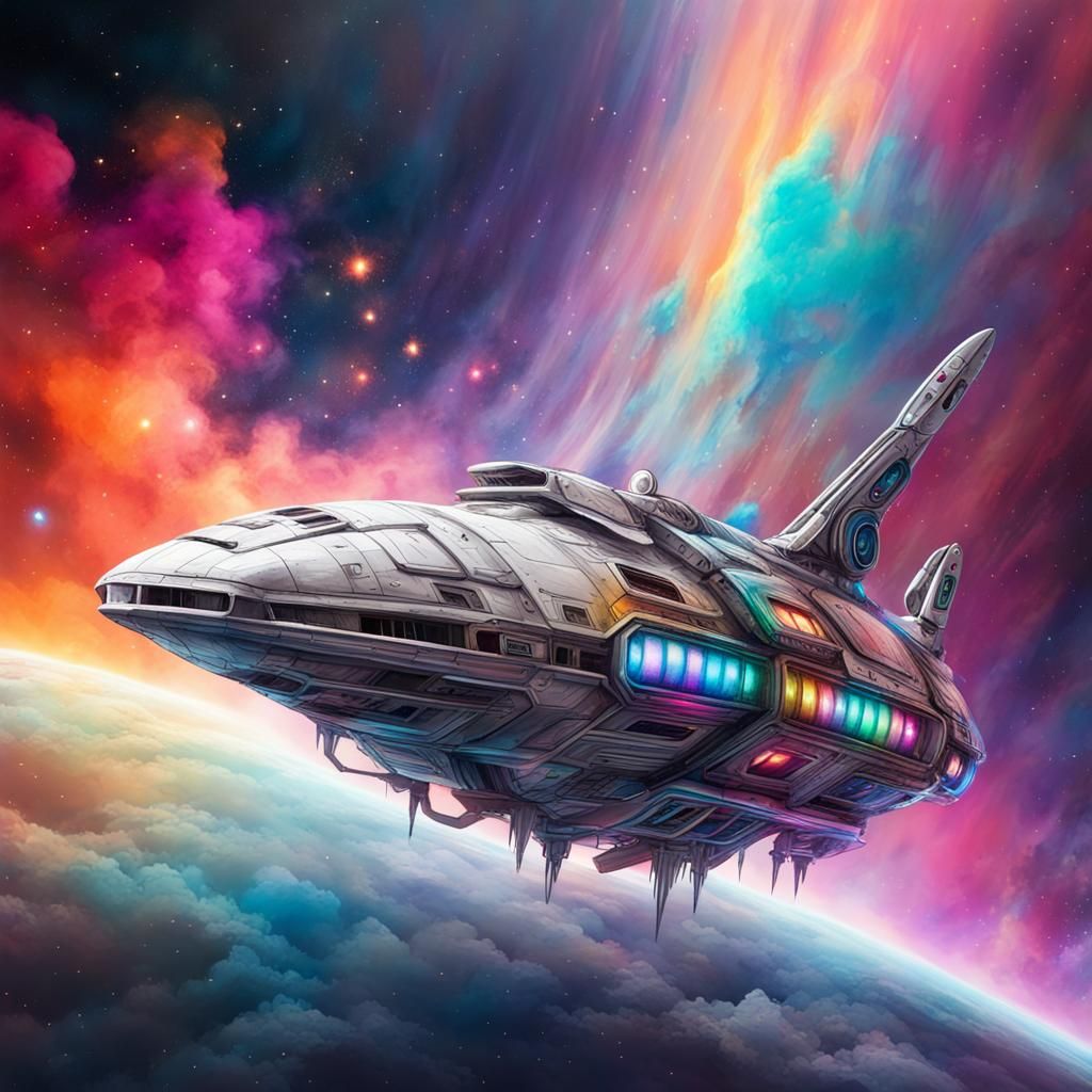 Futuristic Silver Spaceship in Colorful Nebula