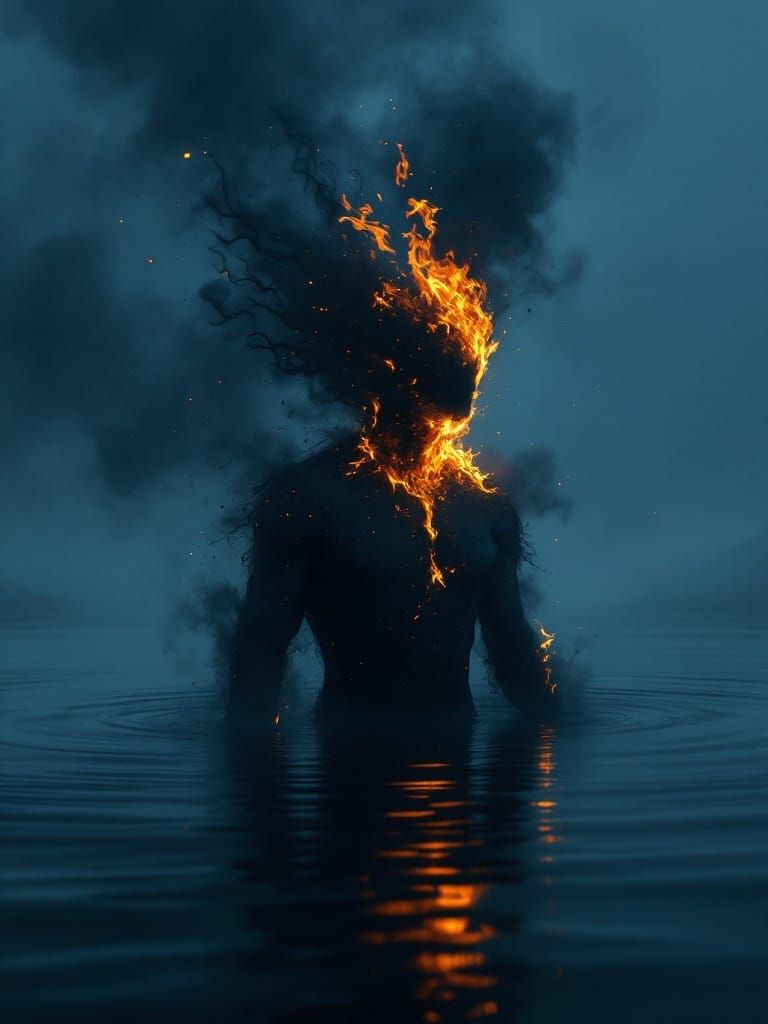 Figure of Black Fog Emerges from Lake in Fiery Aura