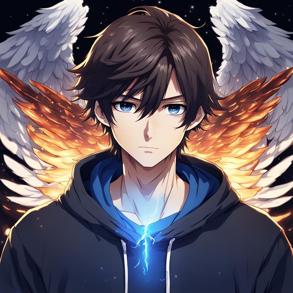 Fallen Angel Gabriel in Anime Style with Blue Fire