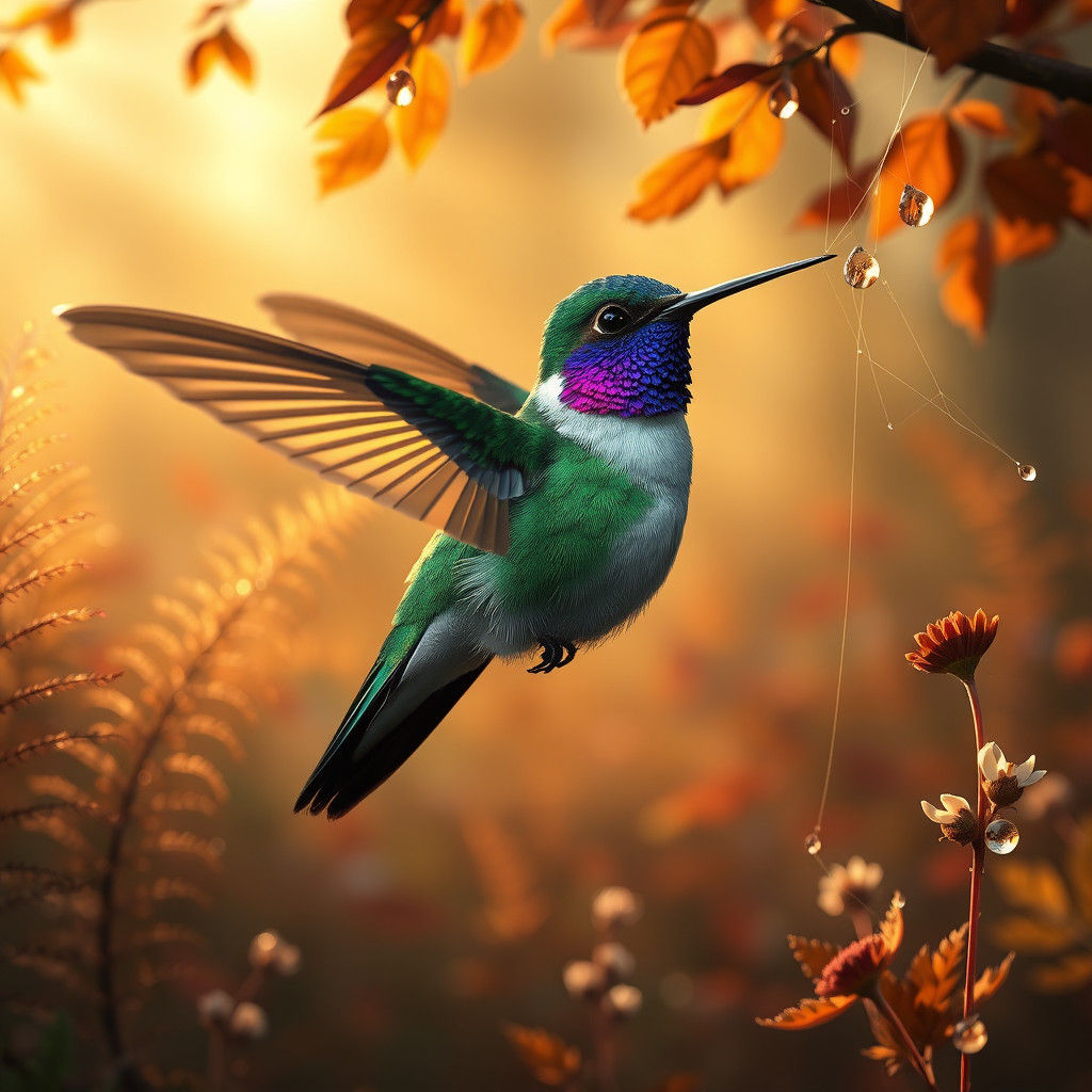 Iridescent Hummingbird in Mystical Autumn Landscape