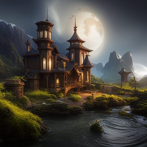 Fantastical Mansion by River in Detailed Matte Painting