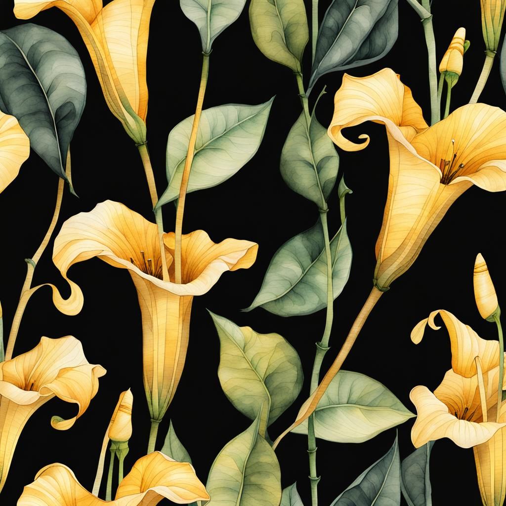 Golden Trumpet Flowers: Watercolor Botanical Illustration
