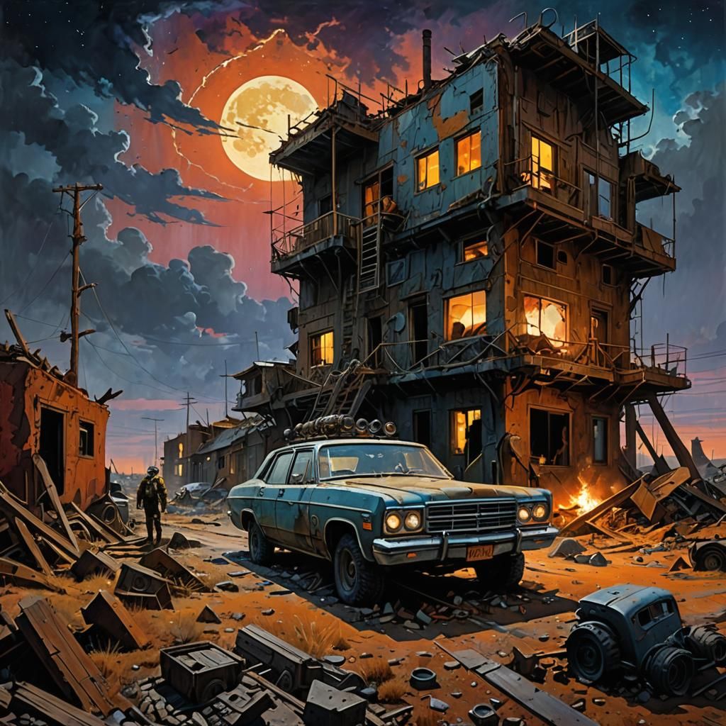 Surreal Post-Apocalyptic Wasteland at Night