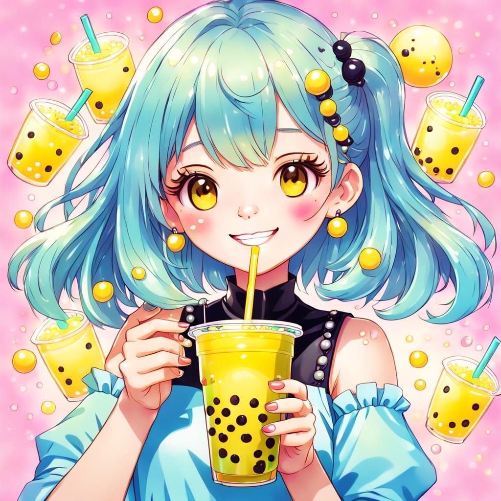 Anime Girl with Boba Tea: Vibrant Digital Art