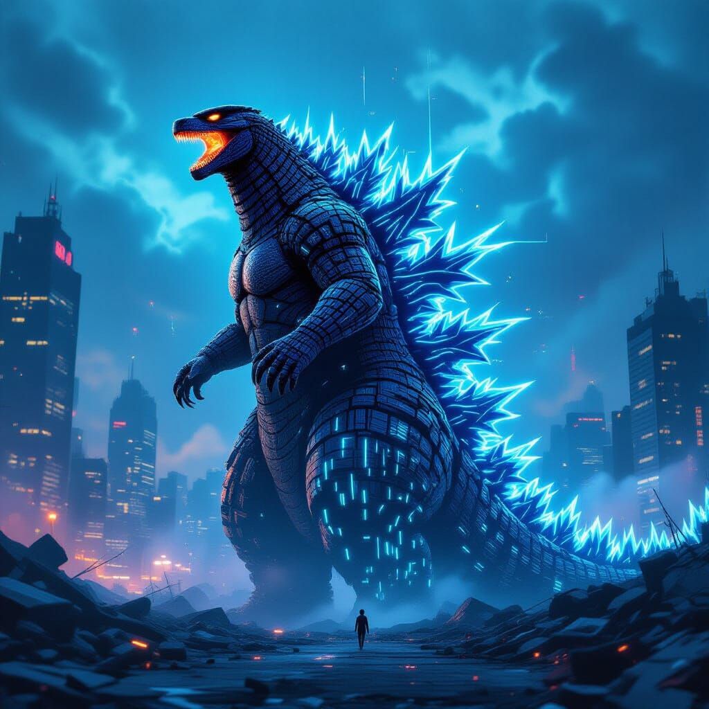 Cybernetic Godzilla Emerges in Digital Cityscape