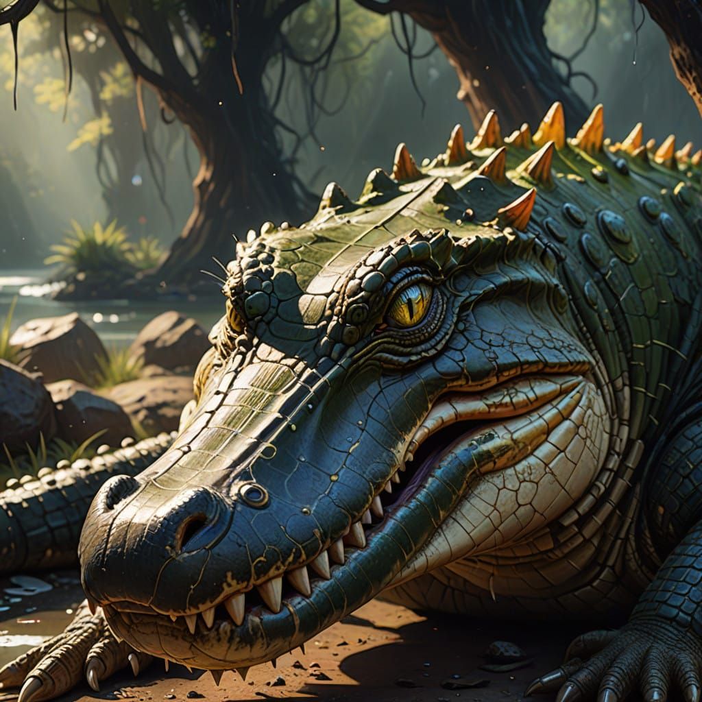 Hyperrealistic Close-Up Portrait of a Crocodile's Face in Wa...