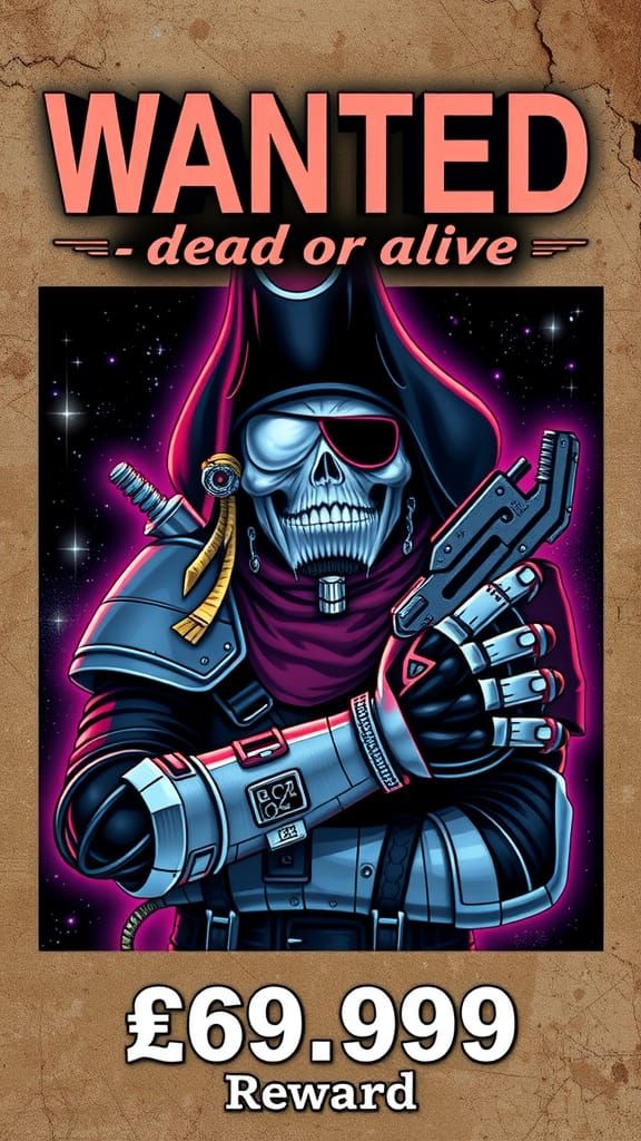 Interstellar Wanted Poster of Space Pirate in Neon Style