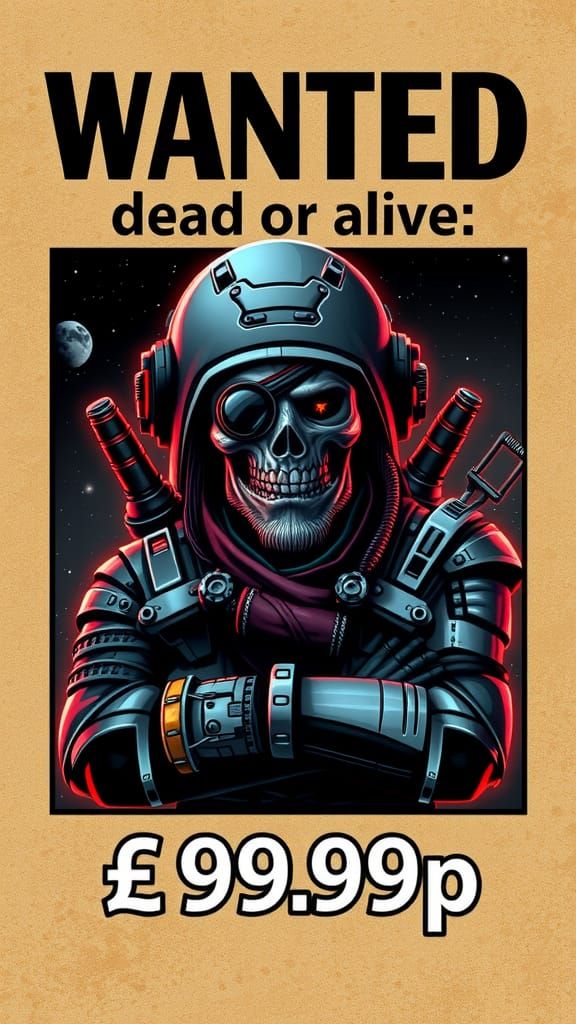 Interstellar Wanted Poster: Space Pirate with Cybernetic Arm