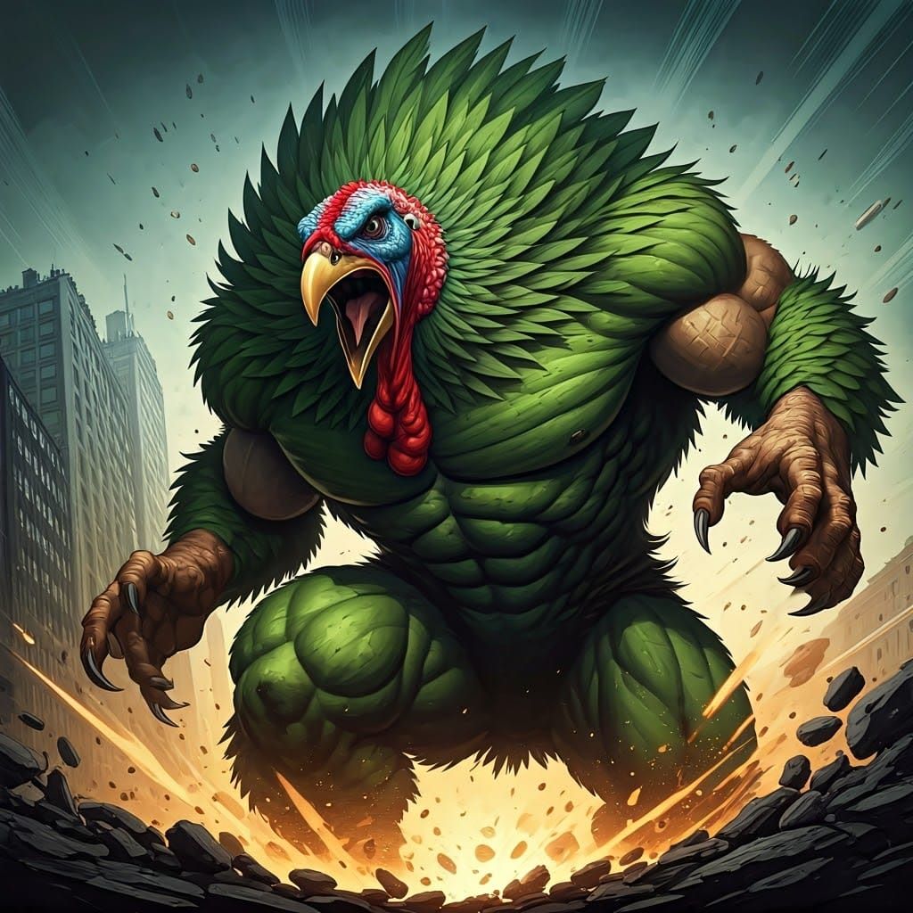 Green Turkey Hulk Smash in Comic Book Style