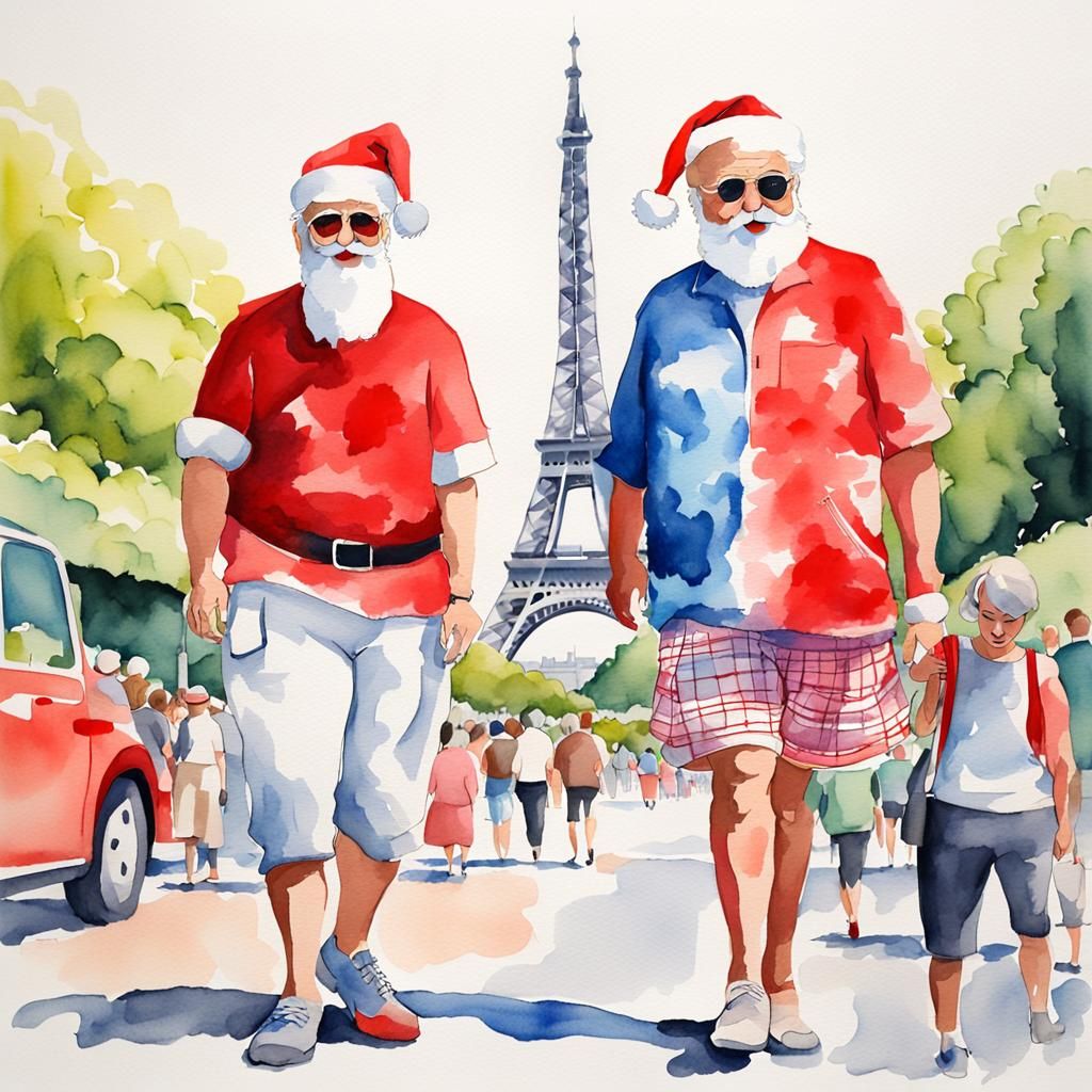 Santa and Mrs. Claus Visit Eiffel Tower: Watercolor