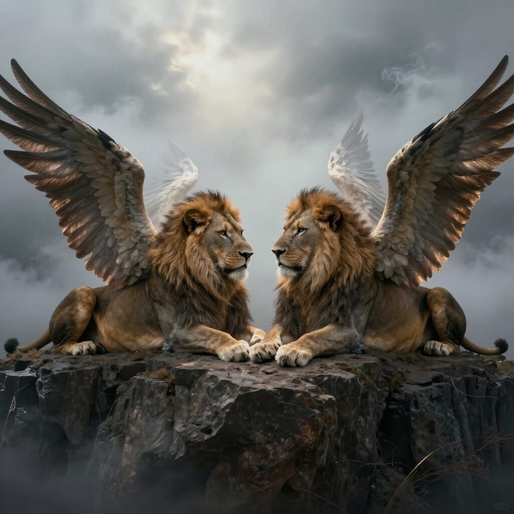 Majestic Winged Lions in Mystical Fog