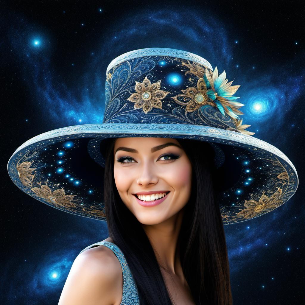 Fractal Flower Hat on Smiling Woman