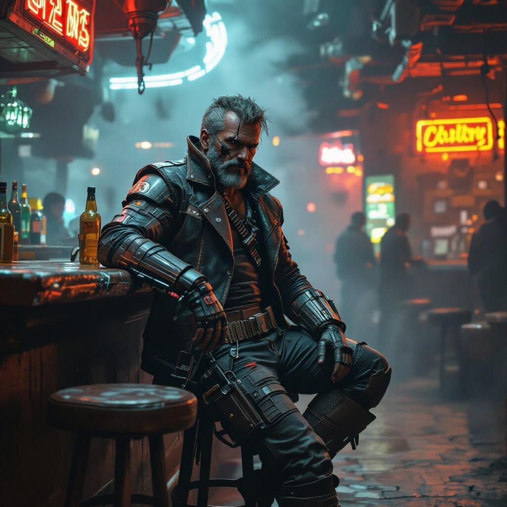 Space Pirate in Neon Cantina, Gritty Hyperrealism