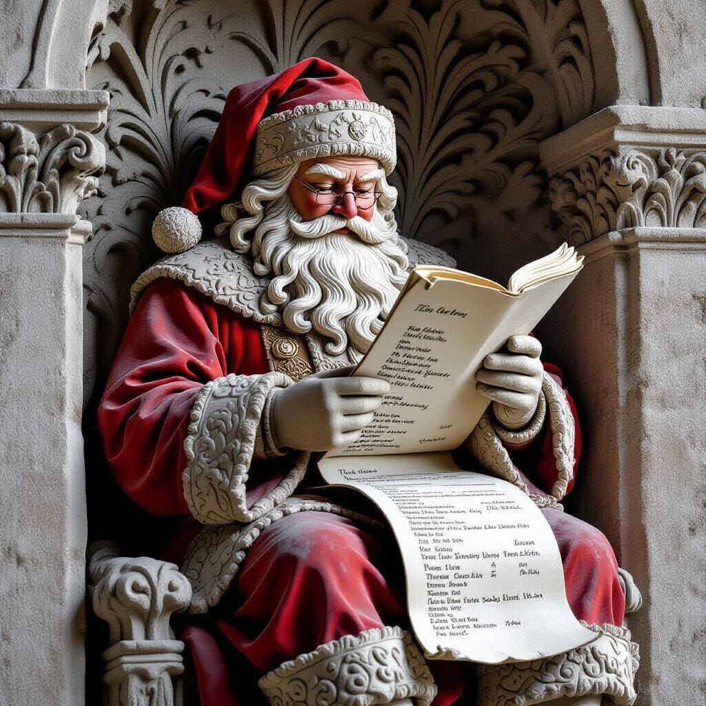 Stone Carved Father Christmas Reading Scroll in Bas Relief