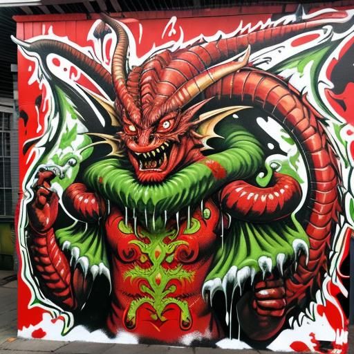 Bleeding Janus Red Dragon in Graffiti Art Style