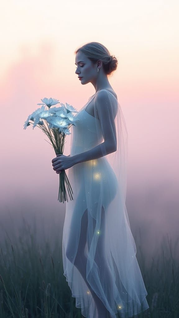 Dreamlike Scene with Transparent Woman in Serene Misty Meado...