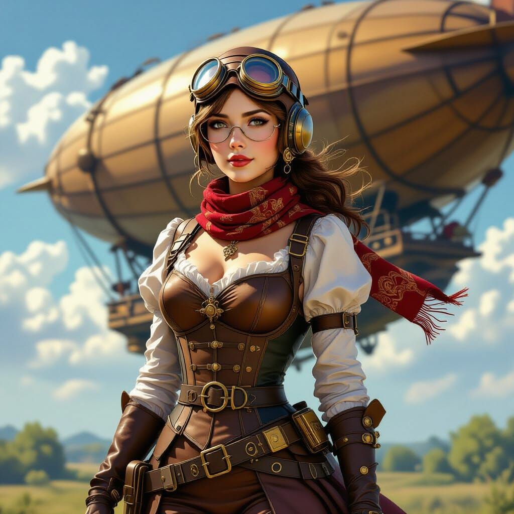 Steampunk Aviator and Her Dirigible in Hyperrealistic Style