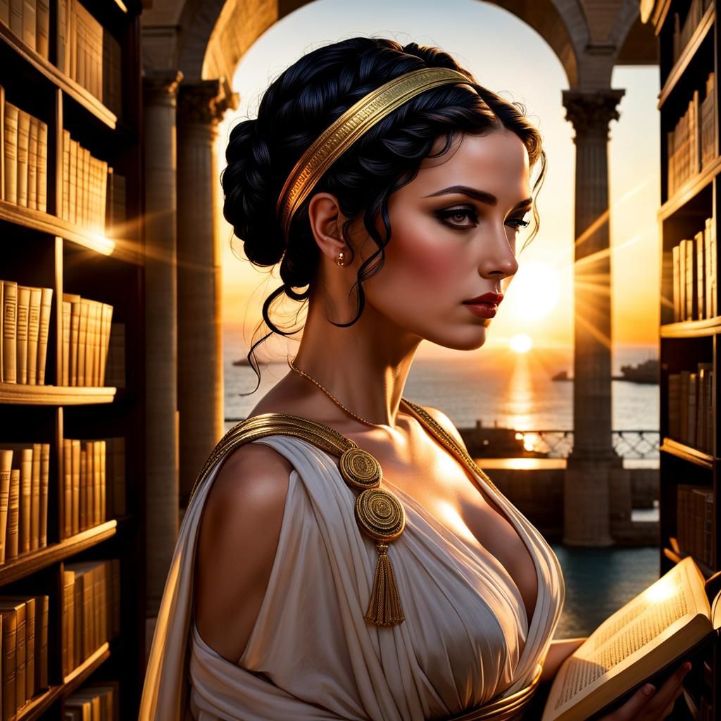 Ancient Greek Librarian with Defiant Gaze