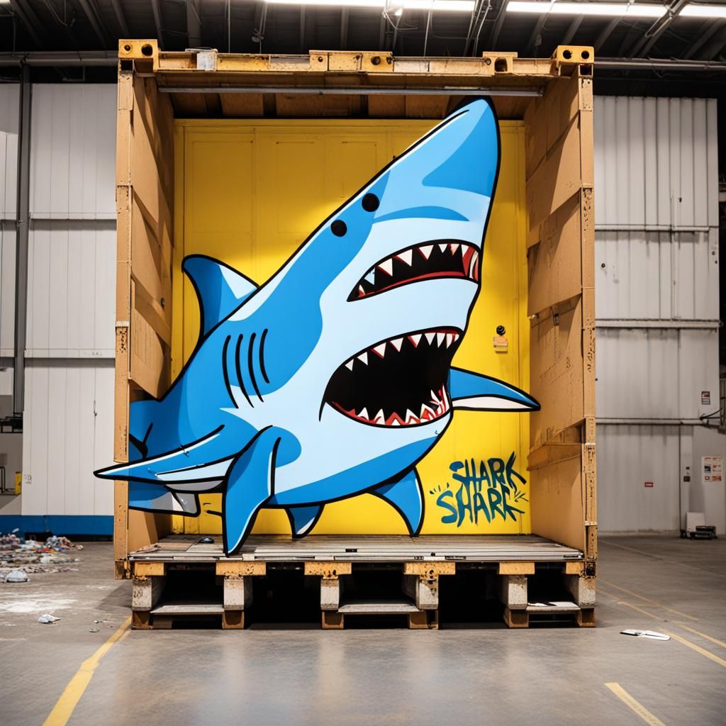 Smiling IKEA Shark Mascot in Graffiti Art Style