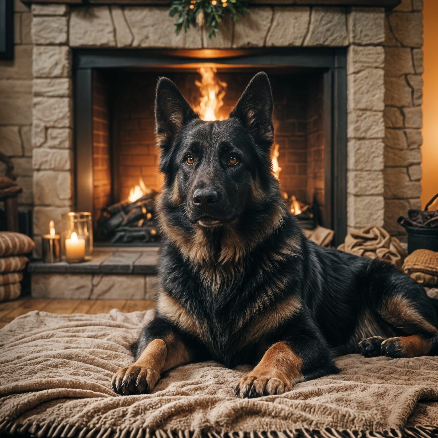 Relaxed German Shepherd by Fireplace: Cinematic Close-Up