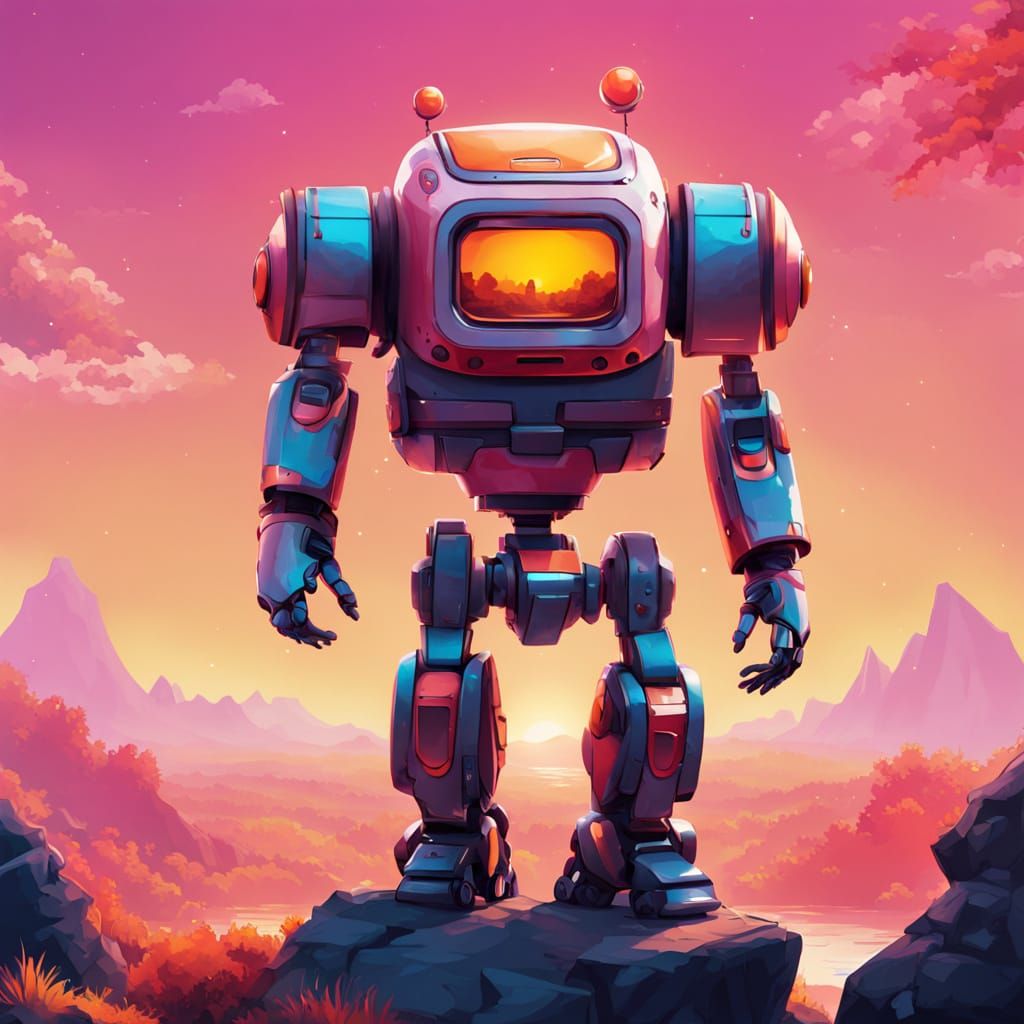 Whimsical Sunset Robot in Vibrant Digital Style