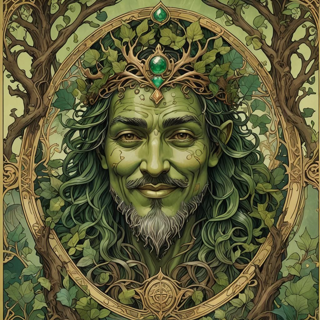 Tarot Card: Smiling Forest God in Art Nouveau