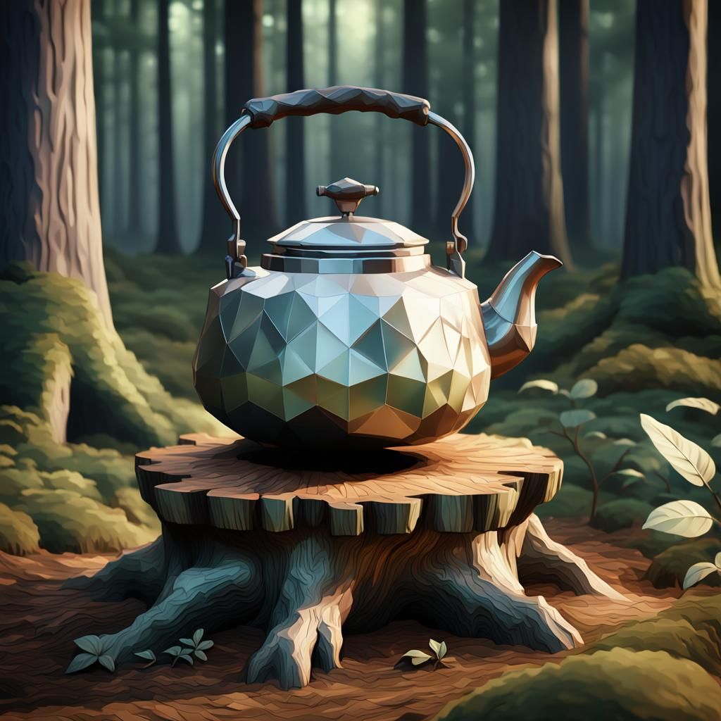 Gothic Tea Kettle Sculpture in Forest, Low-Poly 3D Render