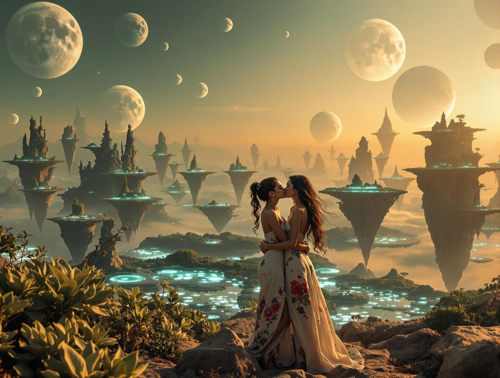 Women Kissing on Alien Planet in Hyperrealistic Style