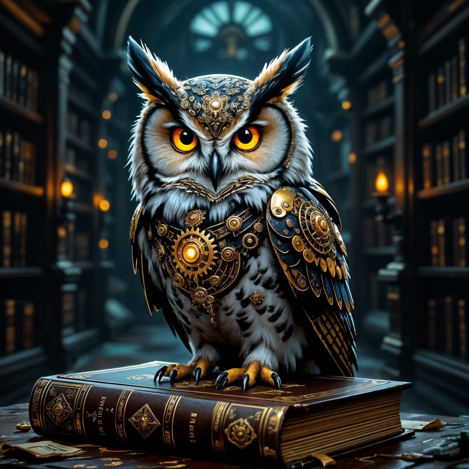 Steampunk Owl on Ancient Tome in Dim Library