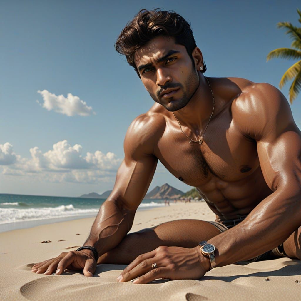 Hyperrealistic Portrait of Indian Man on Beach