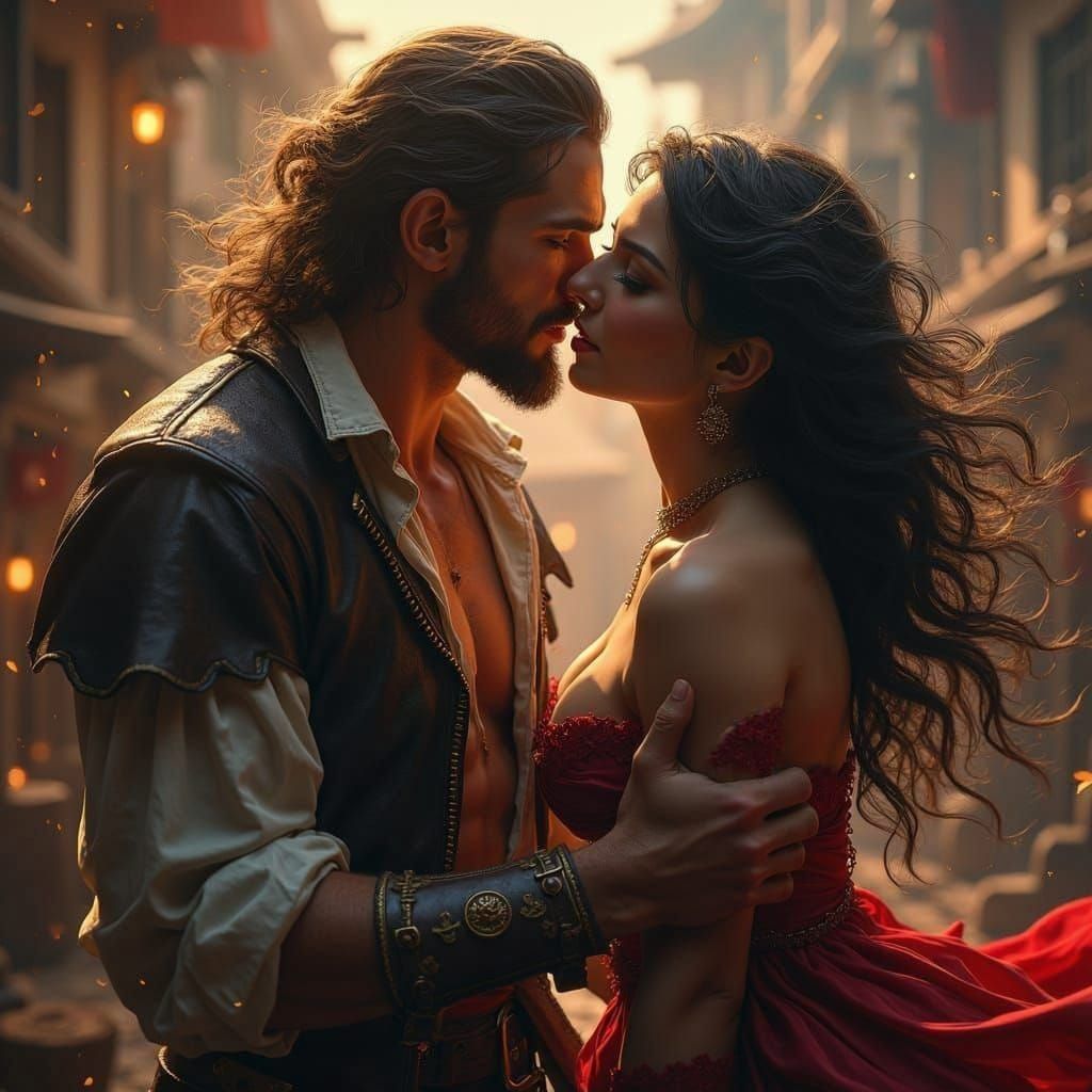 Swashbuckling Pirate Captains Passionate Kiss Amidst Tavern ...