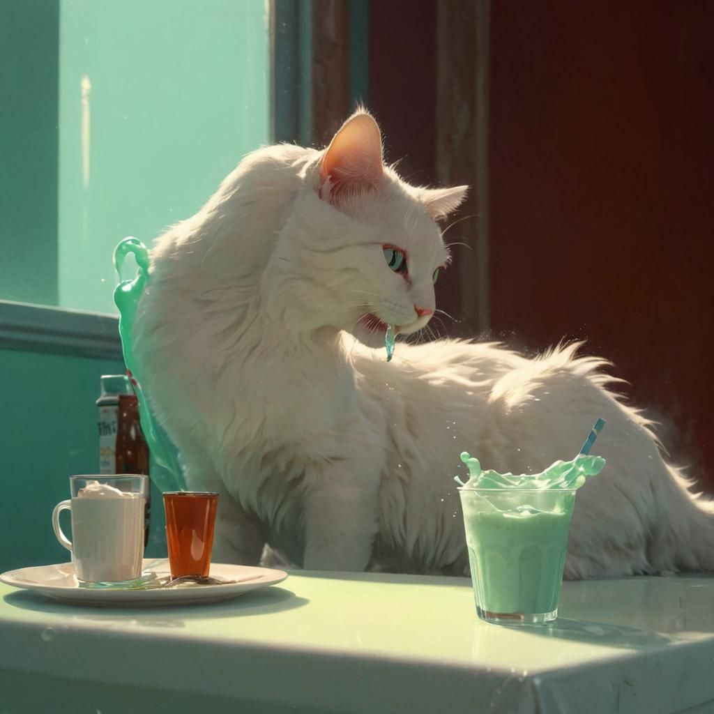 Cat Licking Whipped Cream Art Nouveau Style