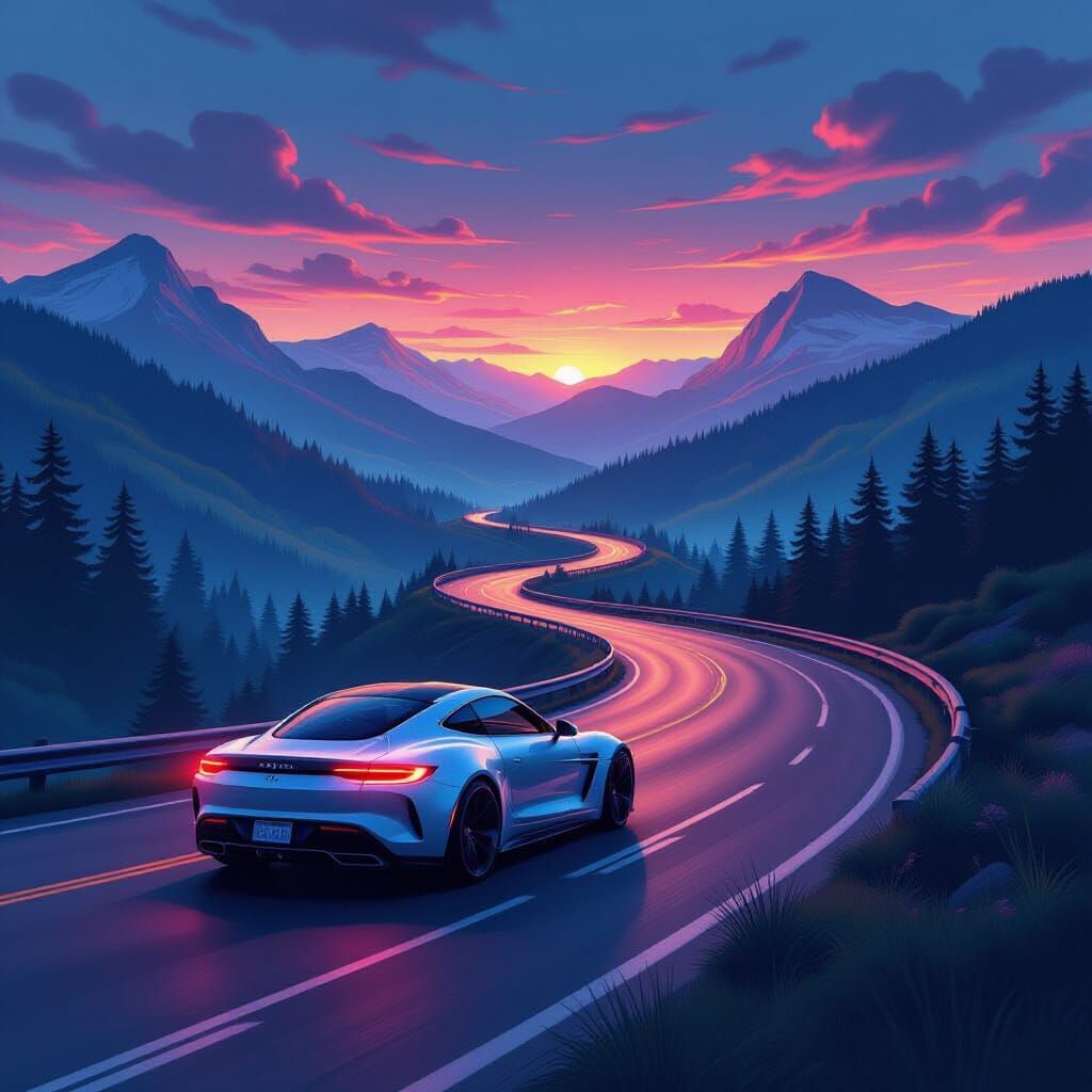 Futuristic Car on Highway in Airbrush Art Style